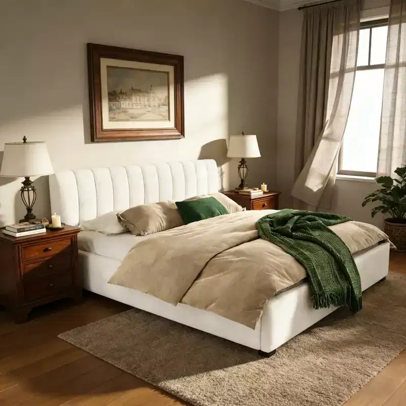 King Size Upholstered Platform Bed Frame with Soft Thick Cushioned Headboard, Beige - ModernLuxe