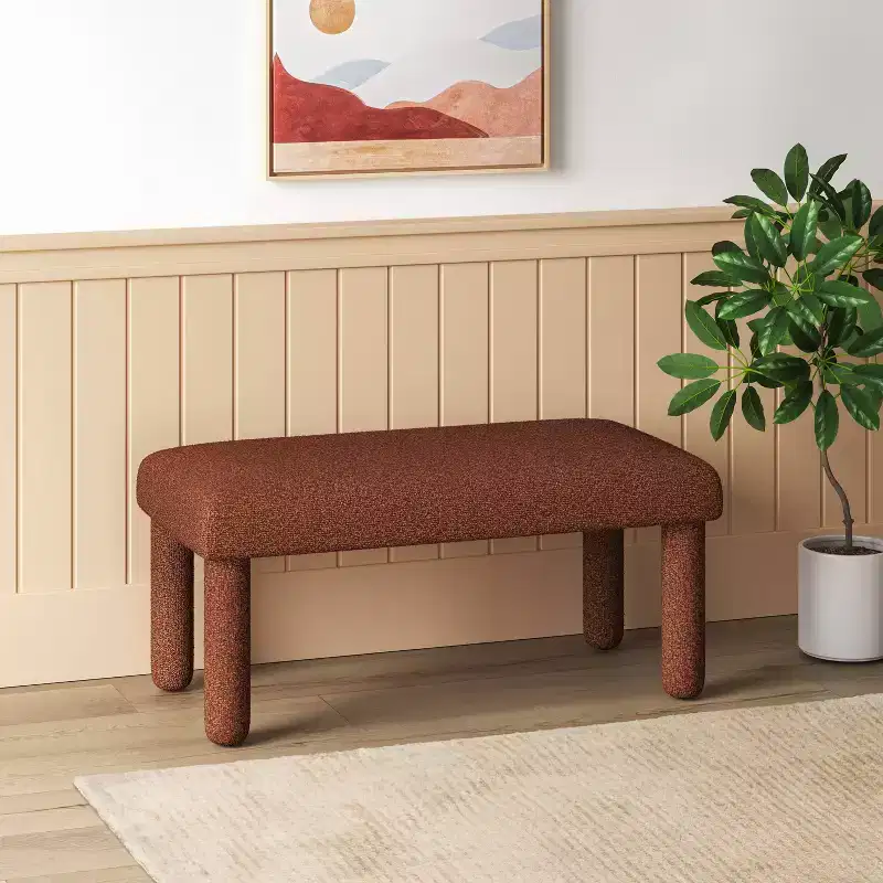 Upholstered Bench in Rust Boucle, Rectangle Plywood Frame Accent Bench for Bedroom or Entryway
