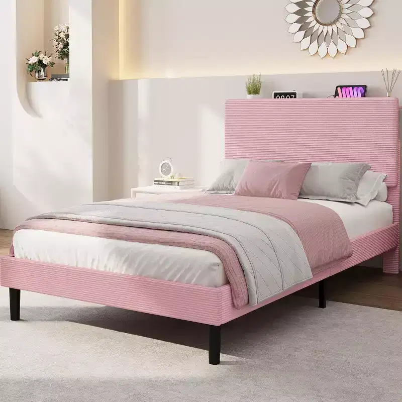 Twin Size Bed Frame, Platform Bed with Adjustable Corduroy Upholstered Storage Headboard and Charging Station, Sturdy Metal Support, Pink