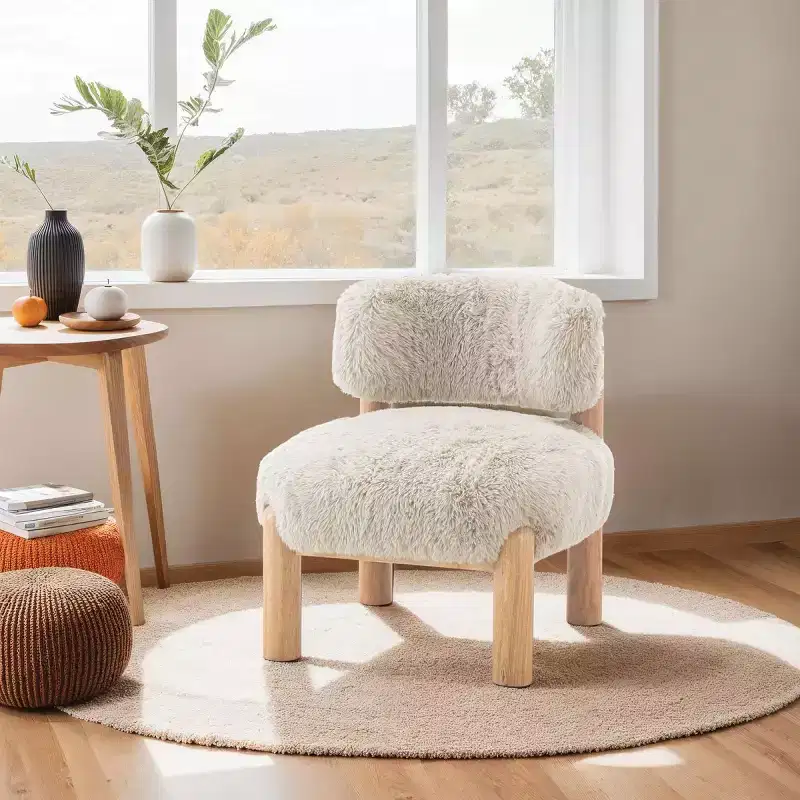 Luxury Plush Faux Fur Upholstery Armless Accent Chair, Elegant Wooden Legs for Living Room, Bedroom, Apartment, or Balcony-Panipeachy