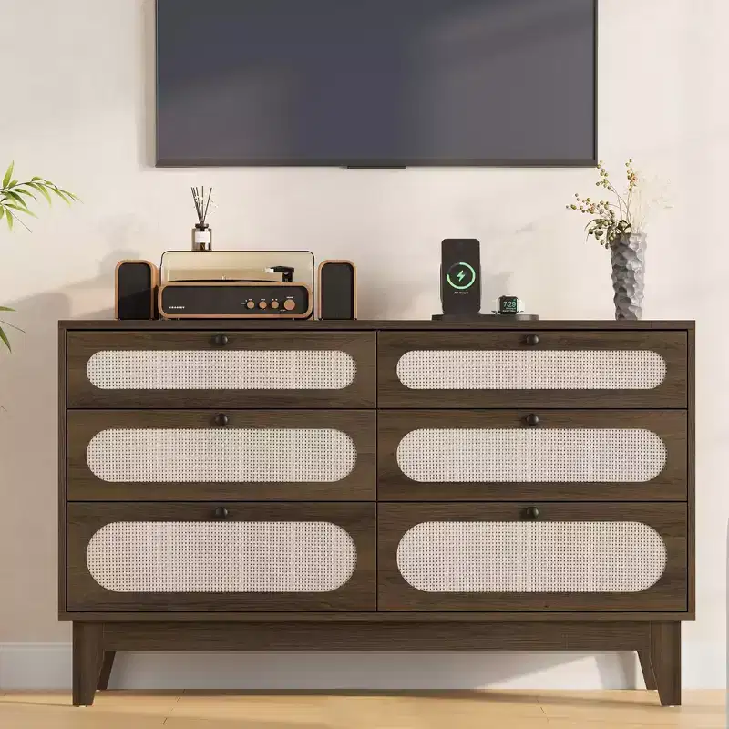 6 Rattan Drawer Dresser, with USB Ports and Outlets, 6 Chests of Drawers Storage for Bedroom, Living Room,Hallway,Bedside,Dining Room,Corridor