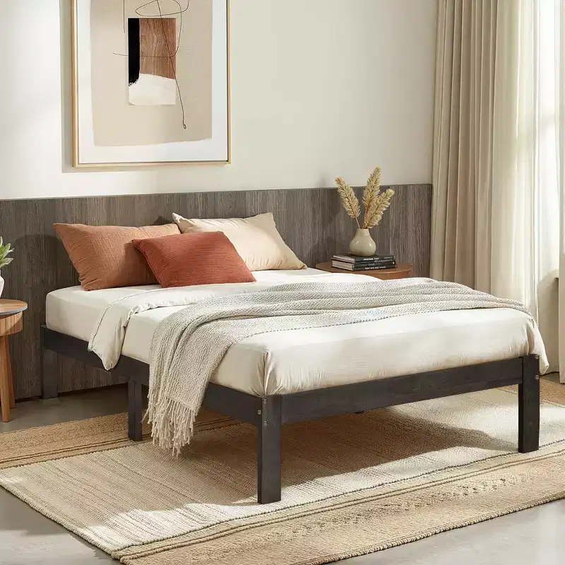 Solid Wood Platform Bed Frame with Wooden Slat Support, Dark Grey