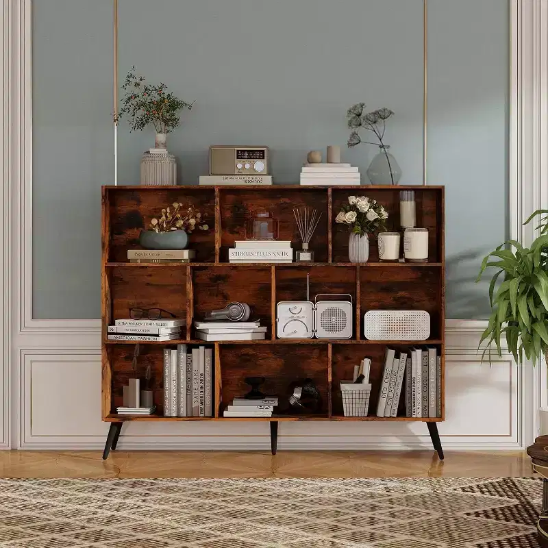 COZONY 10-Cube 3-Tier Bookshelf with 5 Iron Legs, Wooden Freestanding Open Shelf Storage Organizer for Home Office Living Room Bedroom