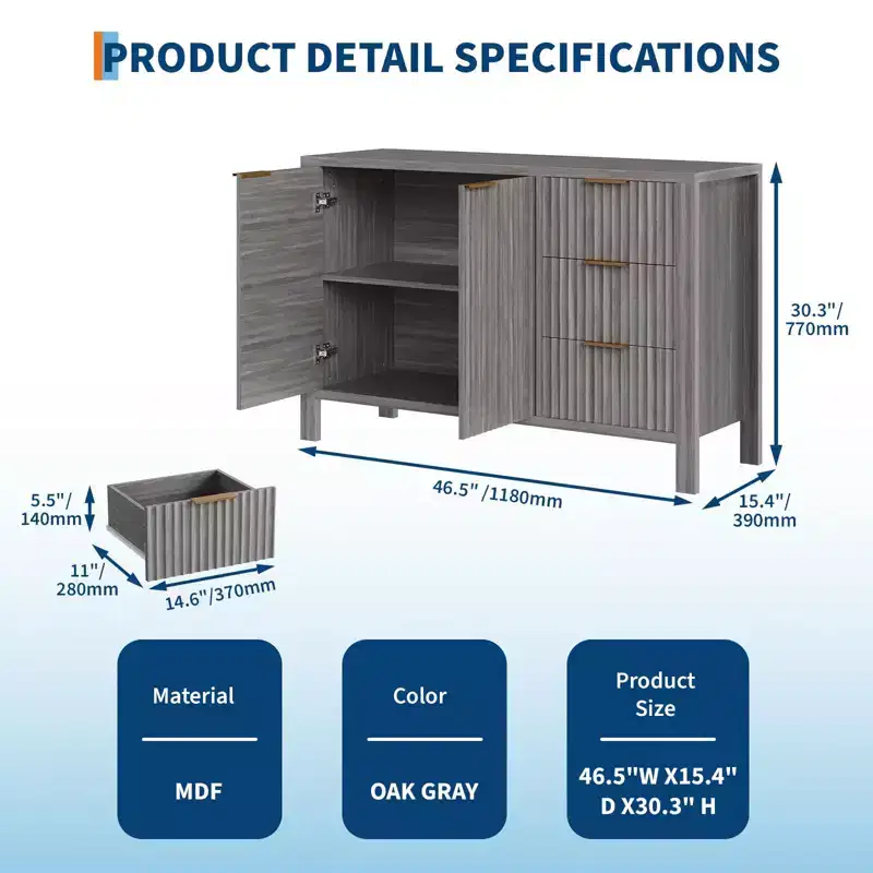 47in Large Fluted Storage Cabinets, Sideboard Buffet Cabinet Coffee Bar Cupboard Wooden Credenza with 3 Drawers for Kitchen Living Room Entryway