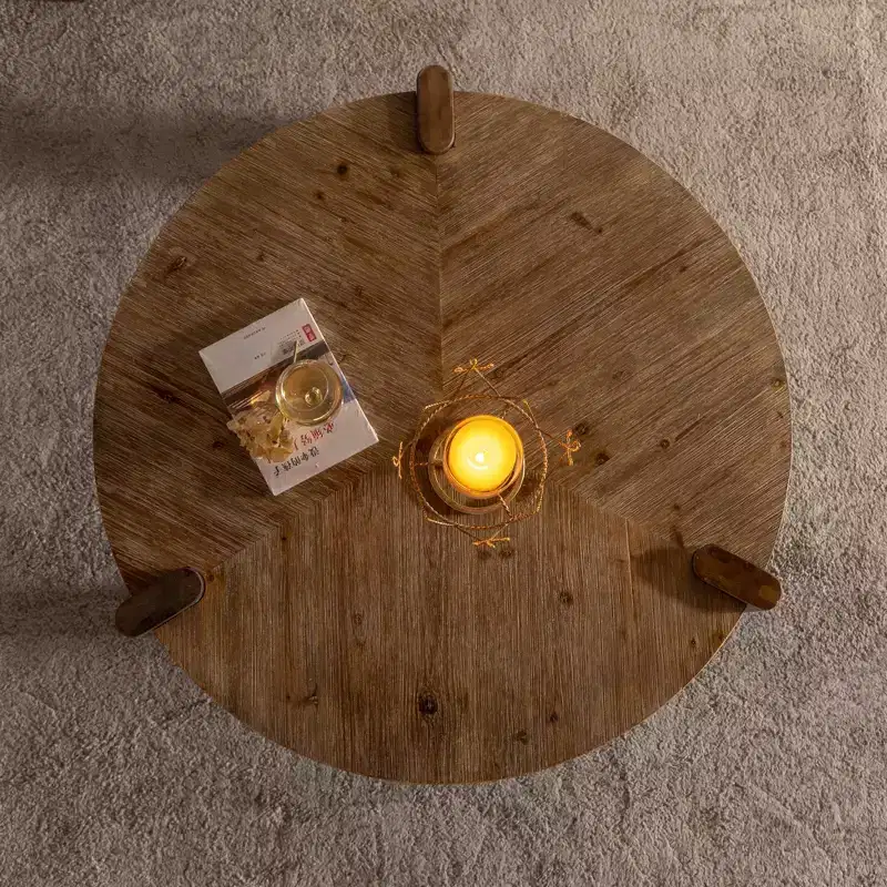 36.61 Inch Round Herringbone Coffee Table, Rustic Style with Tapered Legs and Natural Distressed Wood Finish, Ideal for Living Room