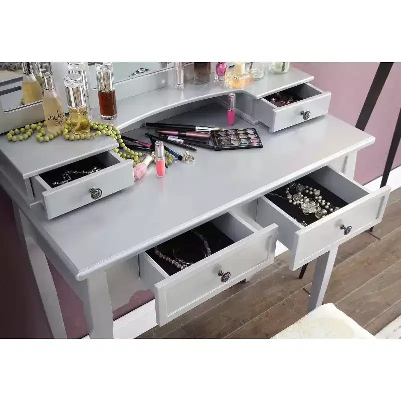 Sanlo Silver Wooden Vanity, Make Up Table and Stool Set