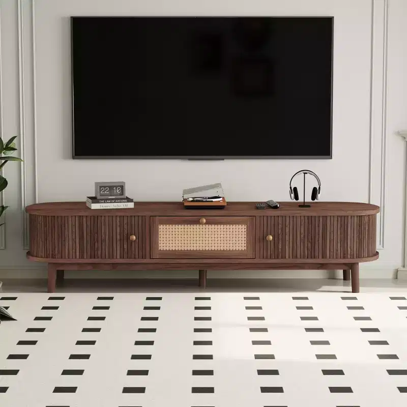 JVNOXKModern Design TV Stand for 75 TVs, Media Console TV Cabinet with Rattan-Front Drawer for Living Room, 1 Drawer and 2 Sliding-Door Cabinets
