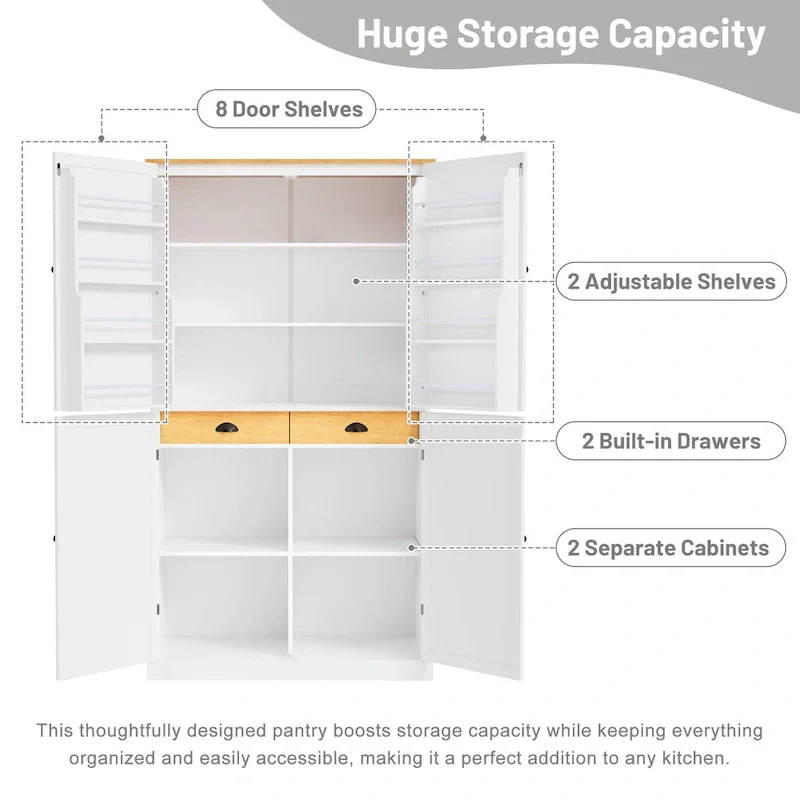 Freestanding Kitchen Pantry with 2 Drawers, Storage Cabinet with 8 Door Shelves, Cabinets with 2 Adjustable Shelves