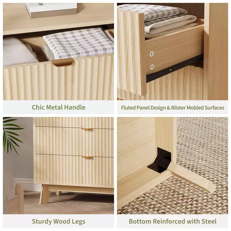 Wood 3-Drawer Fluted Dresser 32''H