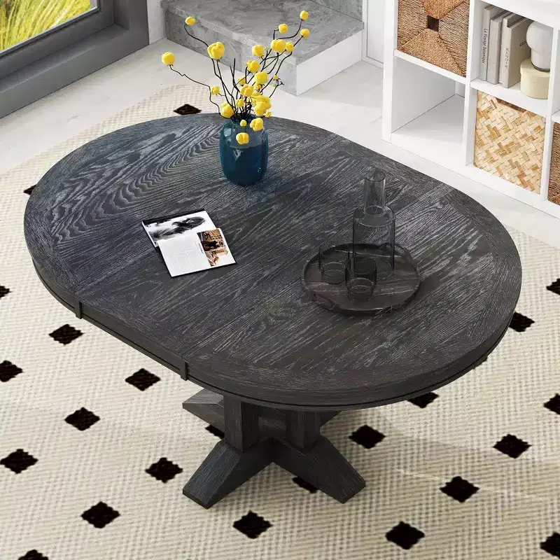 Whisen Farmhouse Style Wood Extendable Pedestal Base Dining Table with 14 in. Leaf