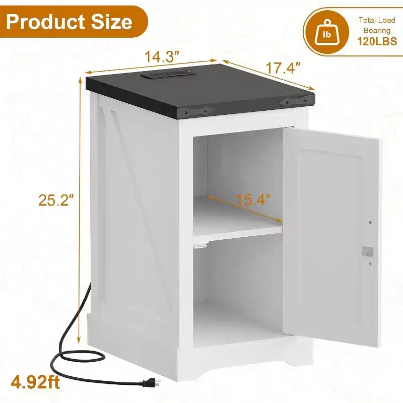 Farmhouse Charging Nightstand - Retro Bedside Table with 2 AC Outlets, 2 USB Ports, Adjustable Shelf & Cord Management, Distressed White