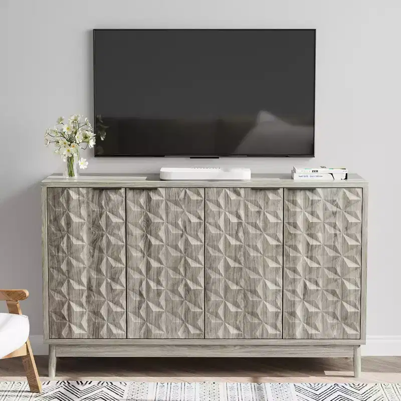 GDFStudio Hwei Modern 55.12'' Storage Cabinet with 4 Diamond-shaped Relief Doors and Adjustable Shelves