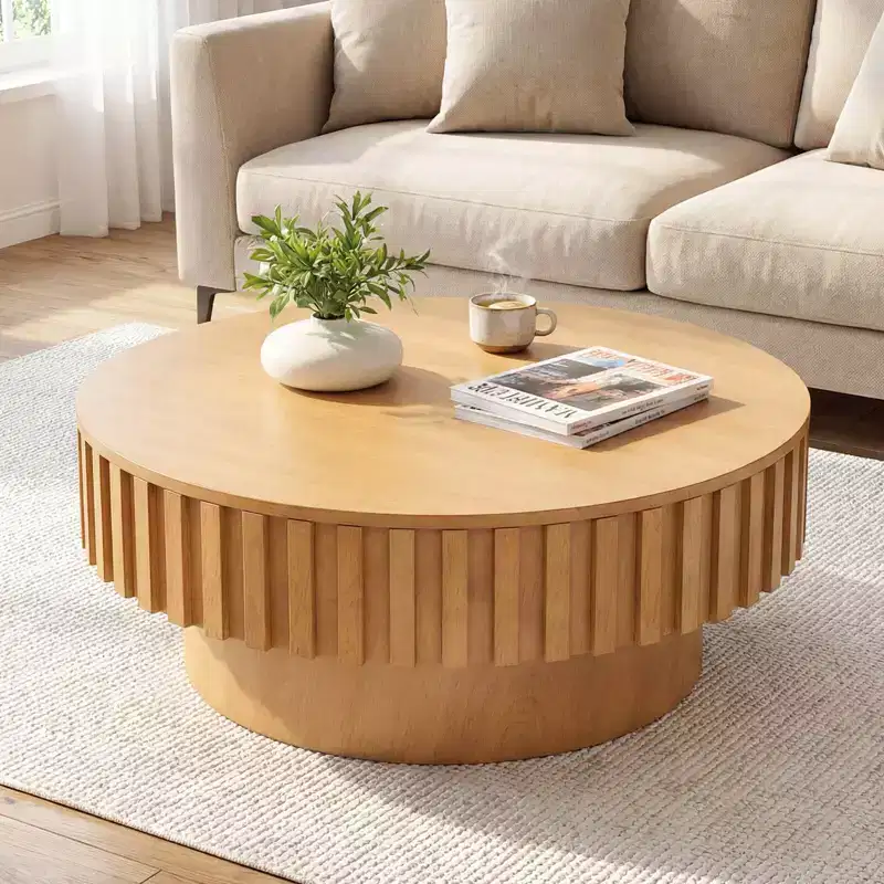 Round Coffee Table with Storage, Wooden Drum Coffee Table with Hidden Compartment, Walnut/Natural