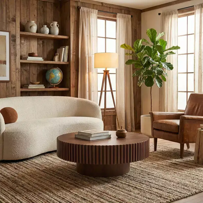 Round Walnut Coffee Table Compact Pedestal Base 35 Inch