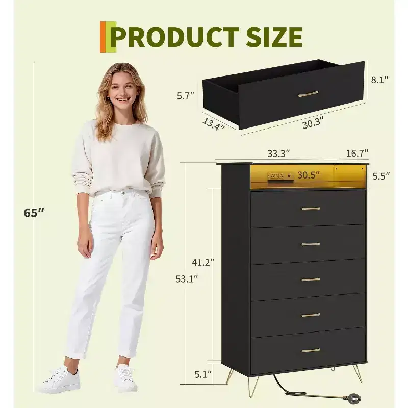 5-Drawer Tall Dresser with Silent Close Slides, Water Resistant Storage Organizer for Hallway Closet and Bedroom, Slim Design Space Saving Cabinet