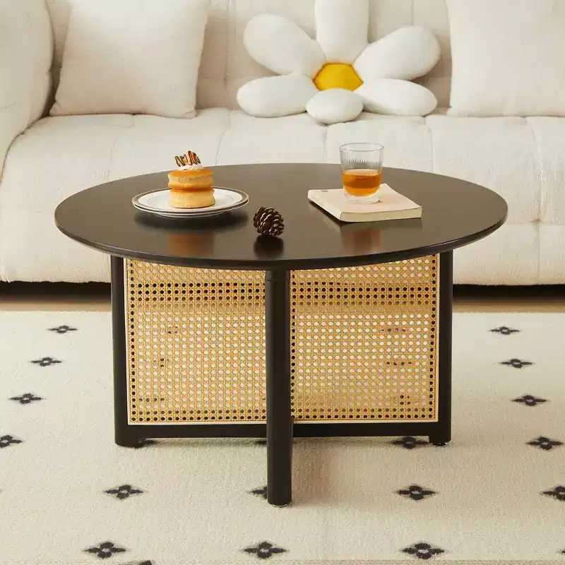 Mid-Century Modern Rubberwood Rattan Round Coffee Table