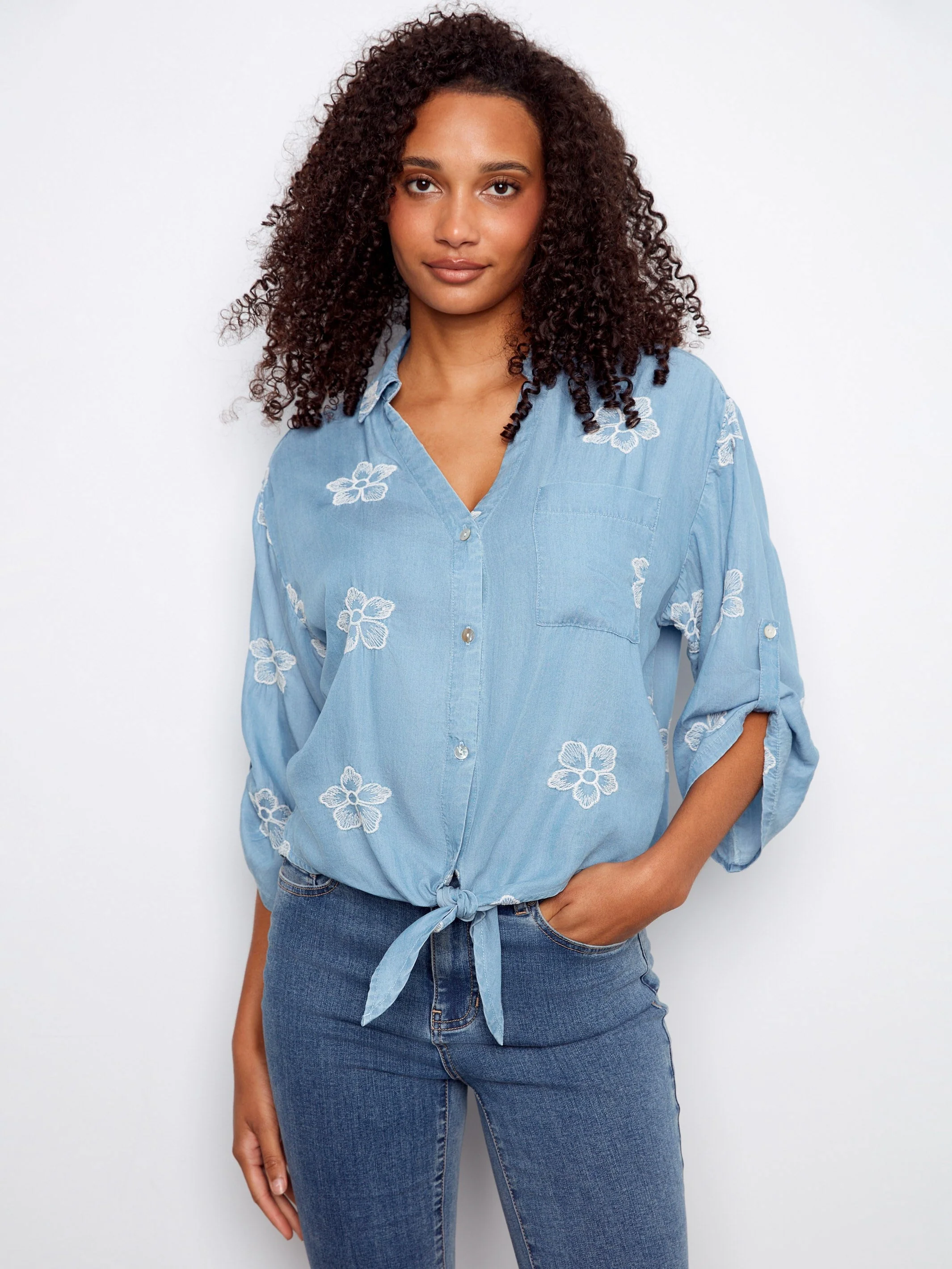 Embroidered Soft Fabric Blouse With Front Tie - Light Blue