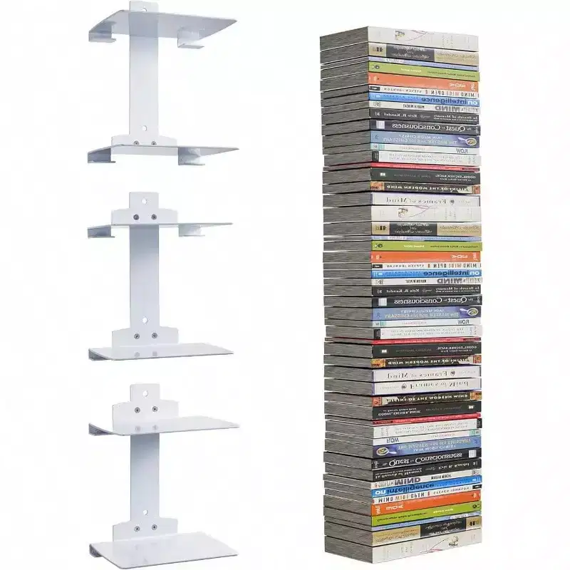 Floating Book Shelves 3 Pack 6 - Tier Heavy Duty Metal Bookcase Vertical Hanging Wall Organizer Space - Saving White Bedroom