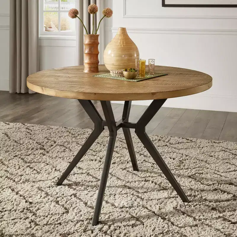 Wood Finish and Iron Gray Metal Base 4-Person Round Dining Table - Light Pine/Grey