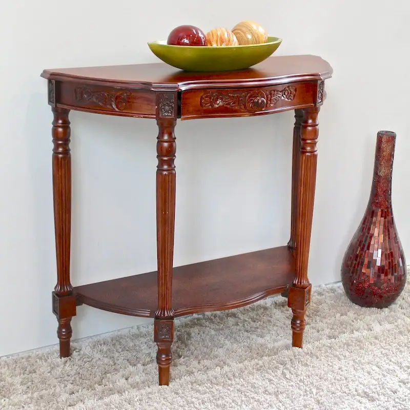 Mozi Hand-Carved Solid Wood Half-Moon Console Table – Boho Entryway Accent Table