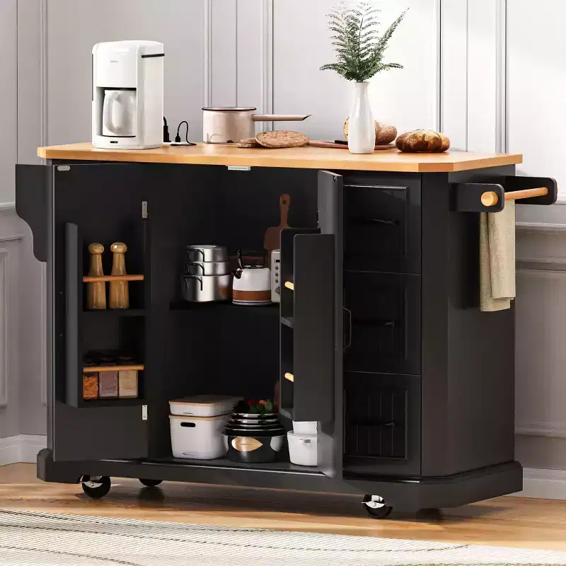 Okak Kitchen Cart with Rubberwood Veneer Drop Leaf, Countertop Organizer with Power Outlet, 4 Door Shelves and 6 Deep Drawers for Kitchen