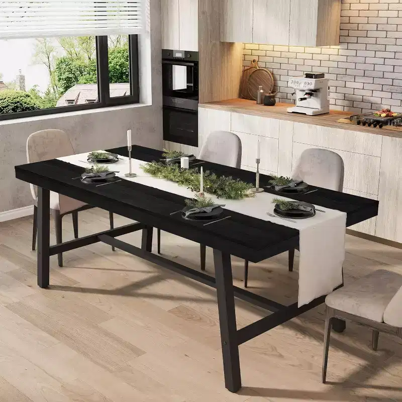 Industrial Dining Table for 4-6 People, 63 Long Wooden Kitchen Table with Sturdy Metal Frame for Kitchen, Dining Room