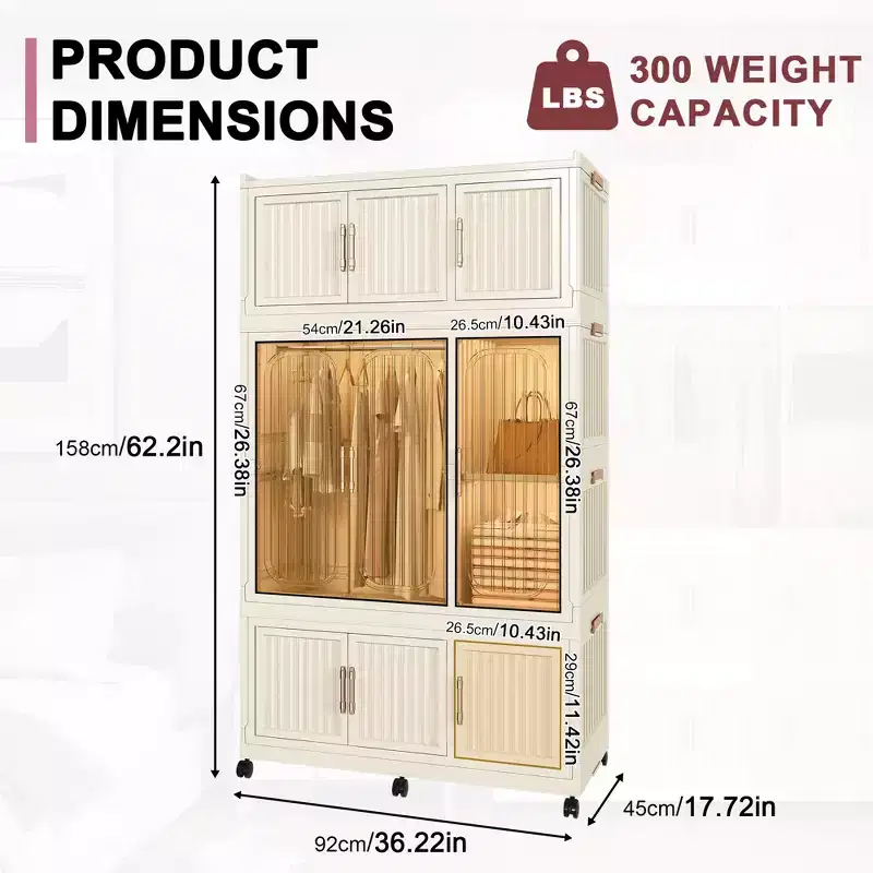 Portable Wardrobe Closet with 9 Magnetic Doors & Hanging Rod | 9-Cube Storage Organizer for Baby Clothes | Includes 6 Hangers, White Nursery Dresser