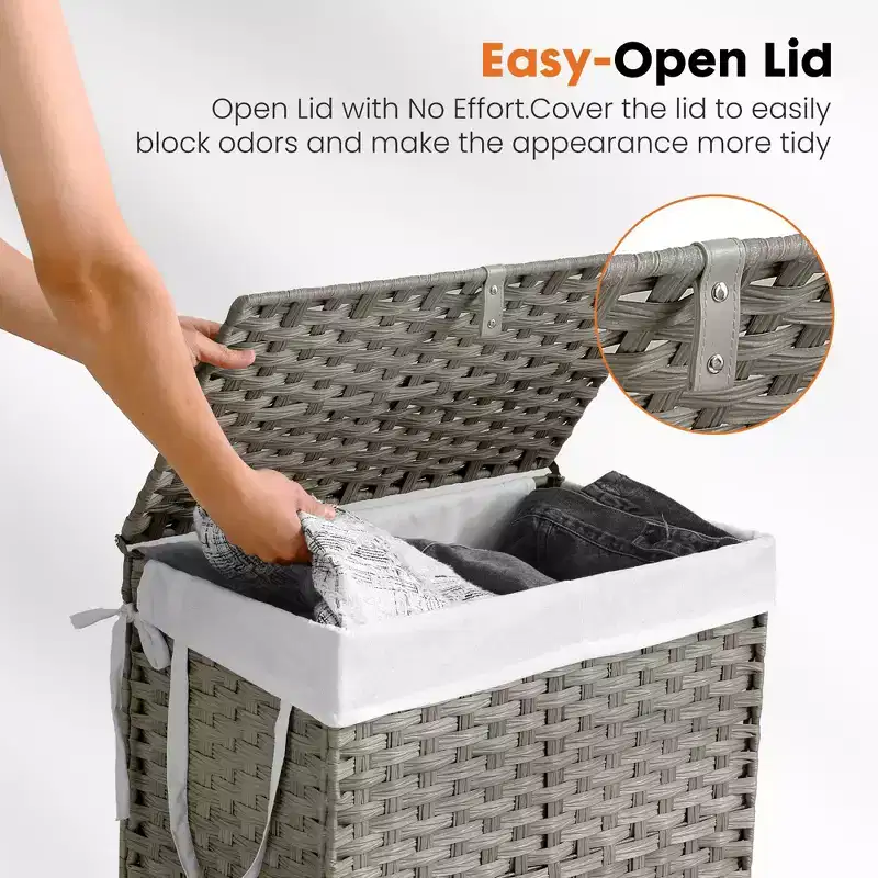 JIONJOY 29 gal. Wicker Hamper w/Lid, Foldable Design, Removable Compartment & Washable Liner
