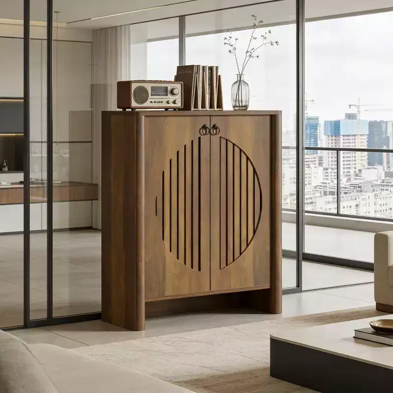 Modern 32 Inch Wooden Storage Cabinet with 2 Round Louver Doors and Removable Shelves