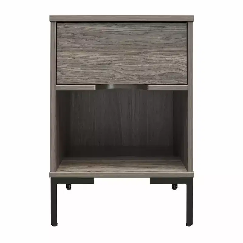 Rustic Weathered Oak Nightstand with Drawer & Open Shelf, MDF & Metal Legs, 17.7