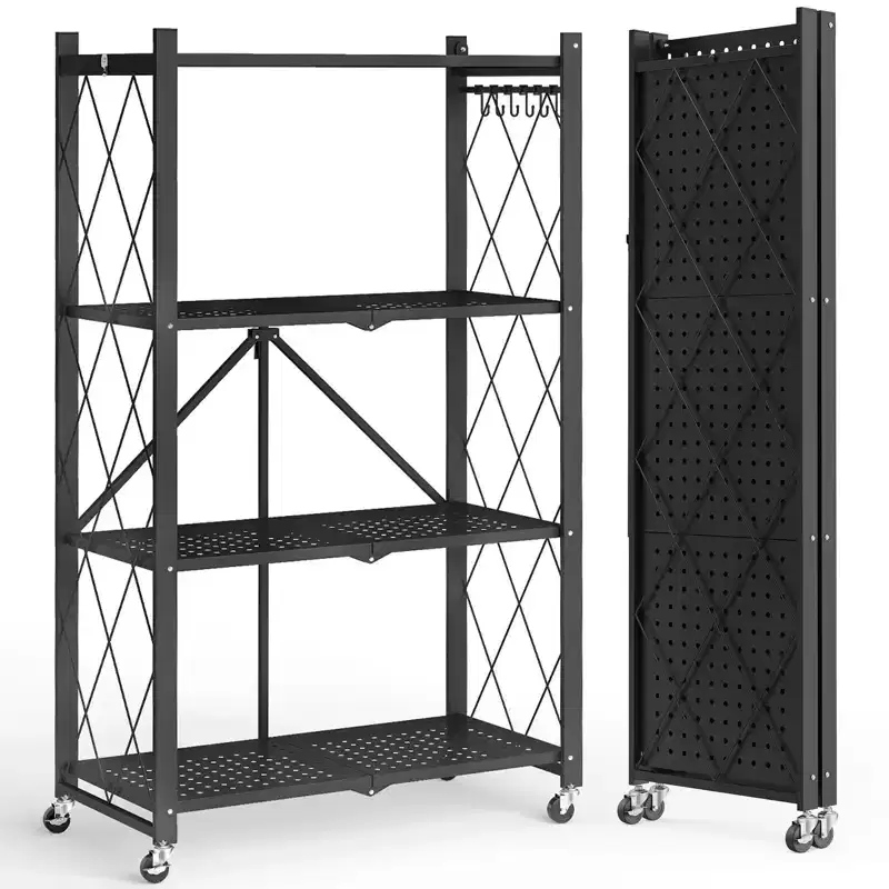 Foldable Storage Shelf 4-Tier with Wheels 600 lbs Capacity No Assembly Steel Rack Black
