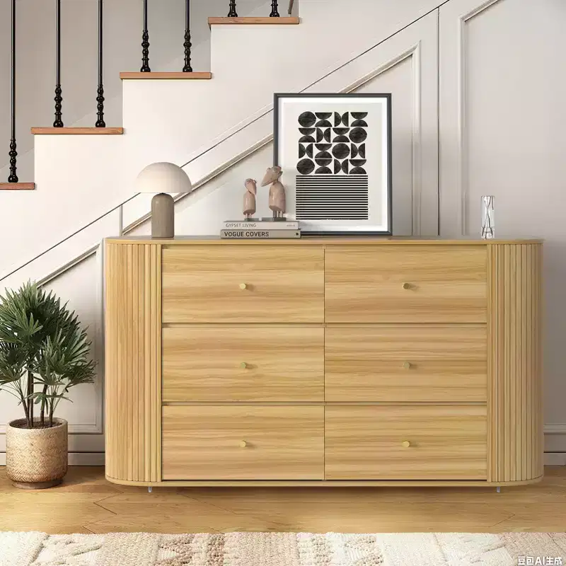 6 Drawer Wooden Dresser with 2 Curved Profile Sliding Doors, 60 Fluted Dresser Mid Century Dresser for Entryway Hallway, Oak