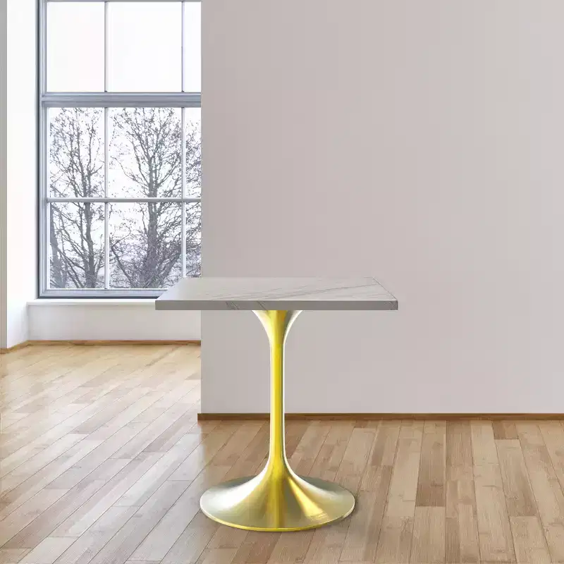 LeisureMod Verve Square Dining Table - Modern Resin Top with Brushed Gold Pedestal Base Accent Side Table for Contemporary Kitchen, Home and Apartment