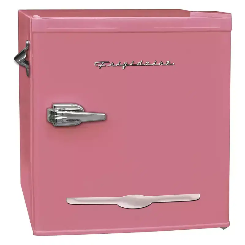 Frigidaire 1.6 Cubic Foot Stainless Steel Countertop Retro Bar Mini Fridge Refrigerator with Compact Freezer, Bottle Opener, and Reversible Door, Pink