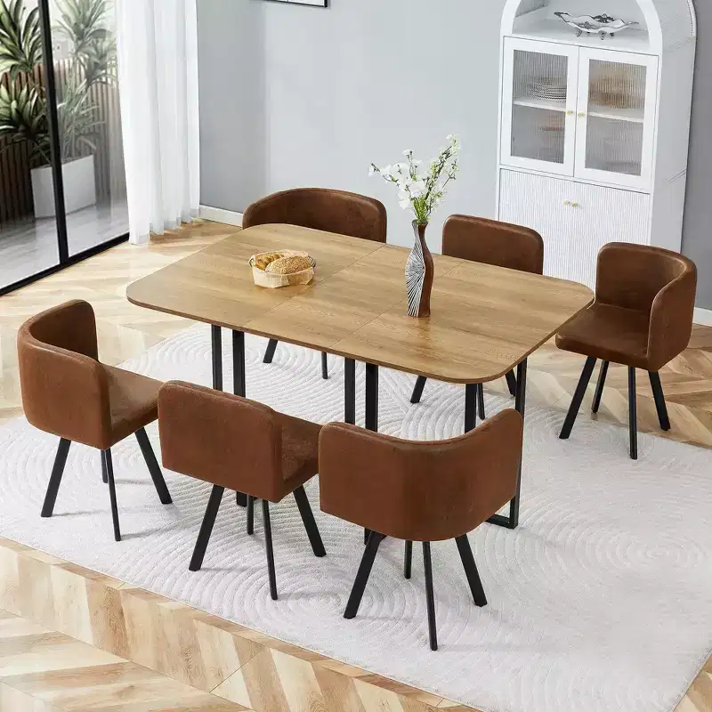 GDFStudio Mauricio Modern 7 Piece Metal Faux Leather Upholstered Dining Set with Wooden Table