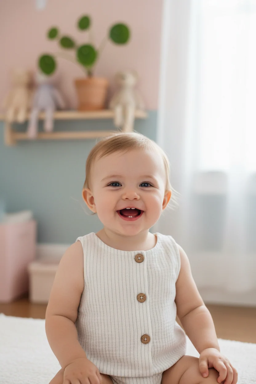 Delicate Parchment Mini Pinstripe Organic Cotton Sleeveless Top with Flared Hem & Button Back for Babies 0M–3Y