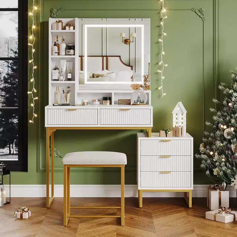 Acekool Vanity Desk with Mirror and Lights, 5 Drawers, Removable Side Storage Cabinet, Stool, 3-Color LED, Makeup Table, White & Gold