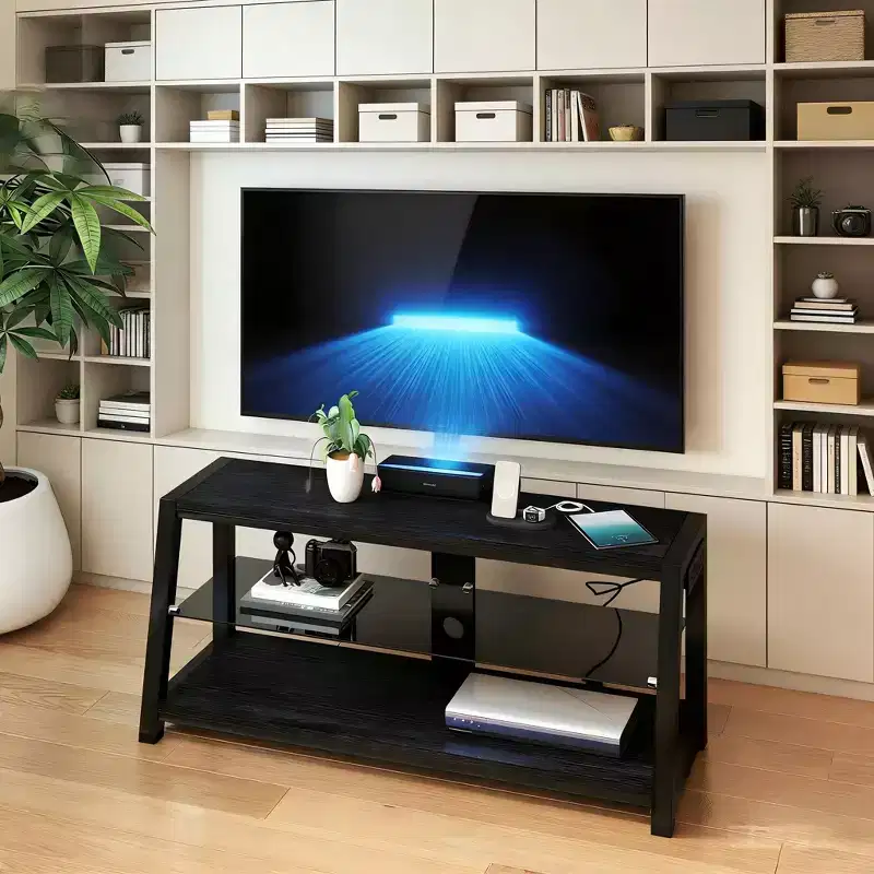 Wooden Storage TV Stand Black Tempered Glass Height Adjustable Universal Swivel Entertainment Center With Mount