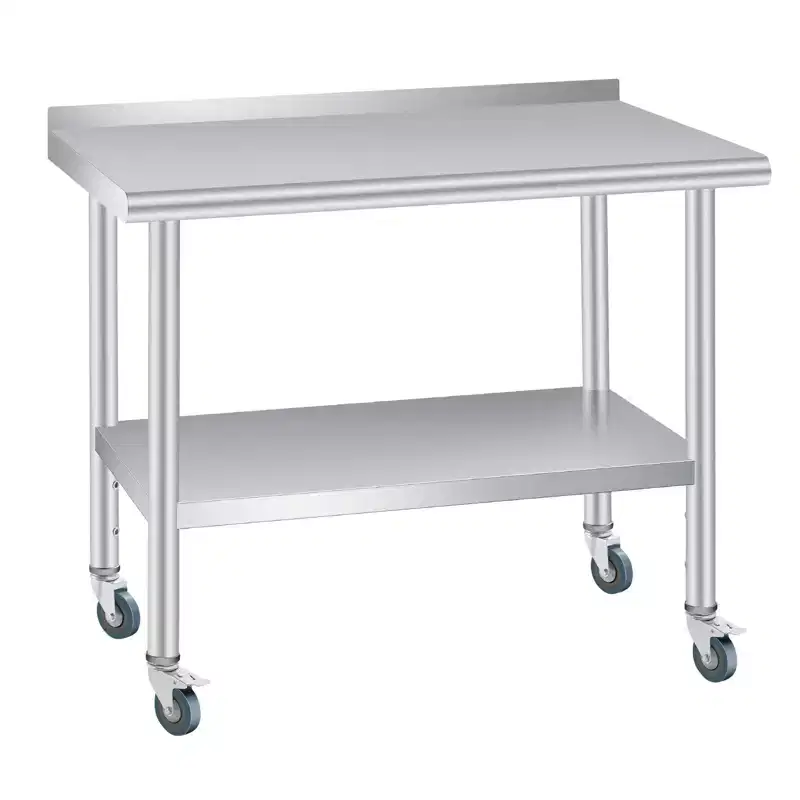 Stainless Steel Prep Table with Backsplash, Adjustable Undershelf and 4 Caster Wheels, Commercial Heavy Duty Table with Adjustable Under Shelf