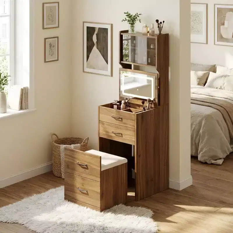 3-in-1 Vanity Desk, Compact Makeup Vanity Set, Acrylic Doors, Jewelry Box, Hidden Chair for Small Spaces