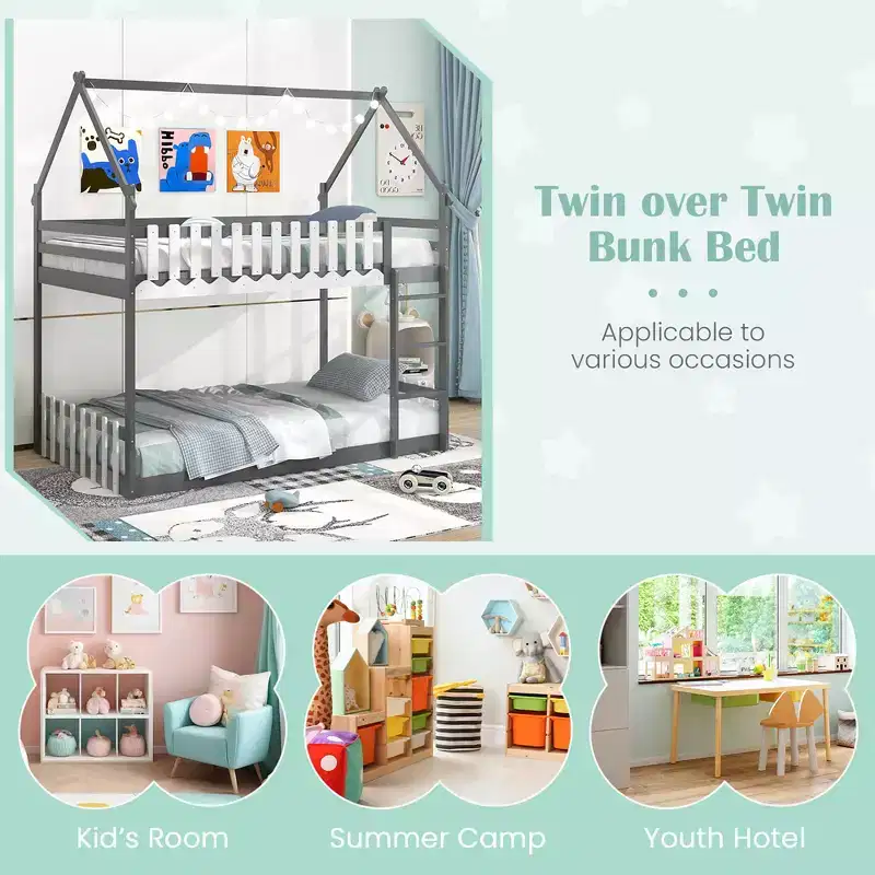 Twin Over Twin House Bunk Bed with Fence & Ladder - Solid Wood, Gray