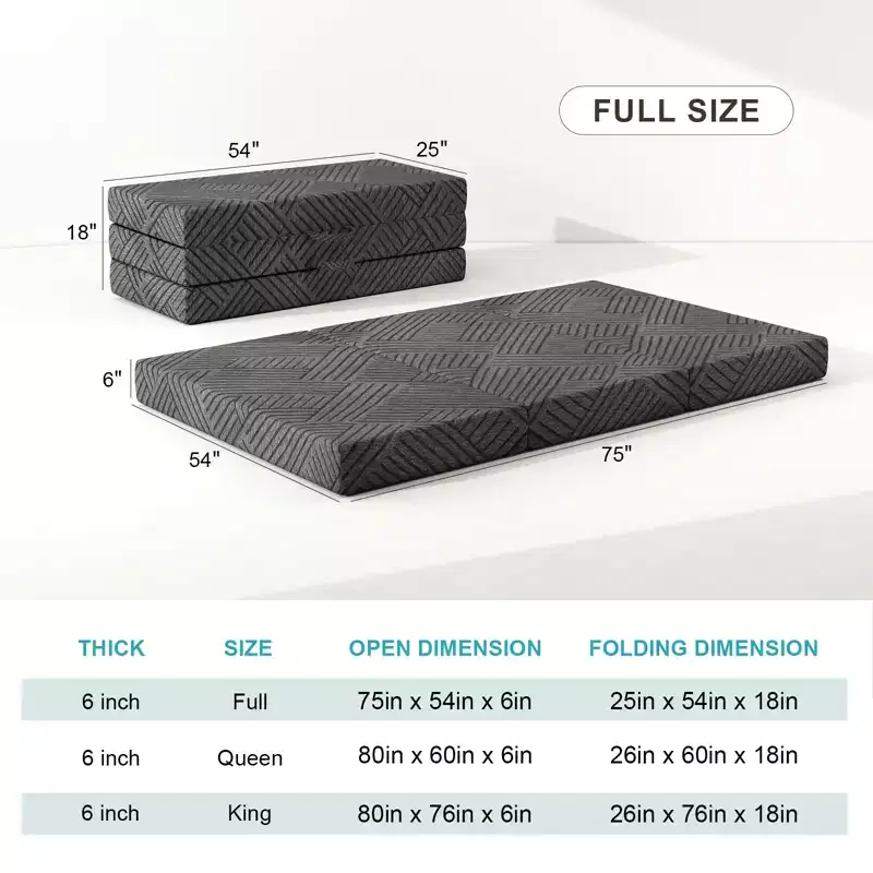 Dyonery 6 Trifold Mattress Foldable Memory Foam Folding Mattress with Storage Bag Portable Floor Bed for Guest Bed/Camping/Travel/Yoga