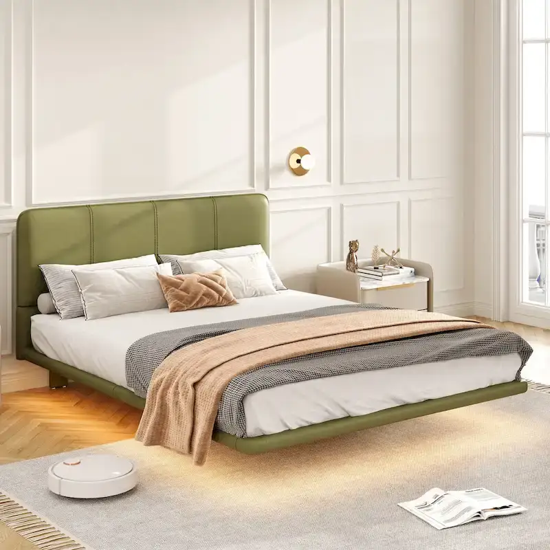Korli Modern Upholstered Leather Floating Bedframe & Headboard Set with LED Lighting by
