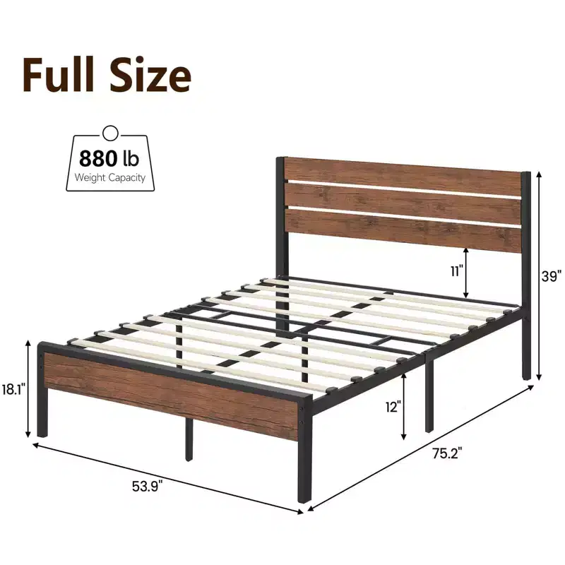 Platform Bed Frame with Wood Headboard, Heavy Duty 800LB Support, 12 Under Bed Storage, Noise-Free & No Box Spring Needed, Rustic Vintage