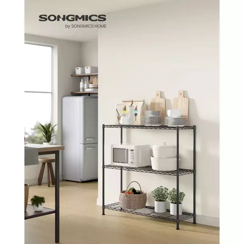 SONGMICS Storage Shelf, Metal Wire Shelving Unit, Adjustable Shelves, 3 Tier, 11.8 x 35.4 x 35.4 Inches, Ink Black