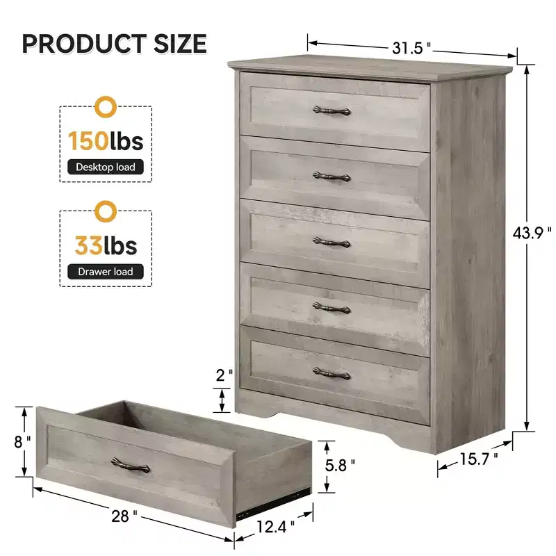 Simple Grey Five-Drawer Chest, YS Brand, Made of Oak, Large Capacity with Five Drawers, Suitable for Multiple Scenarios, Anti-Tip Safety