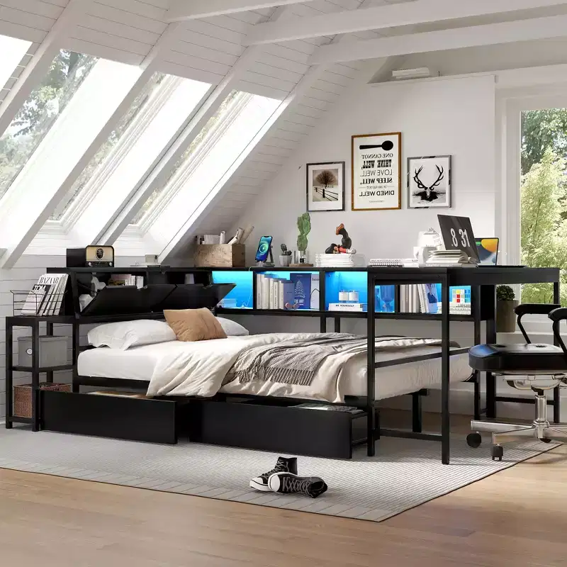Full Size Corner Bed Frame with Bookcase, 2 Drawers, LED Light and Charging Station, Reversible Layout, Black