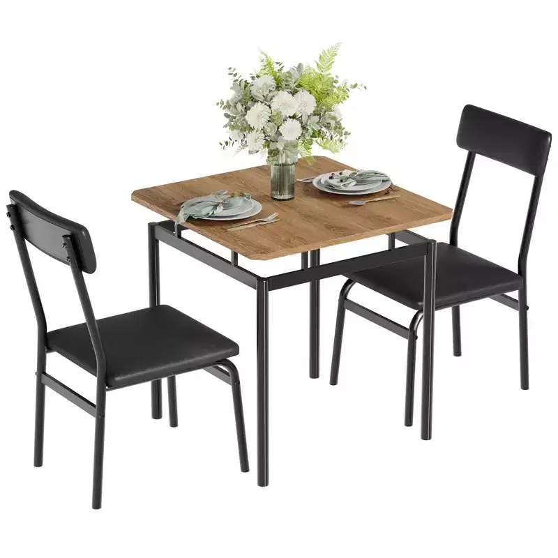 3 Piece Dining Room Table Set, Kitchen Table Set with Wooden Grain Kitchen Table & 2 PU Upholstered Metal Chairs for Small Space,Home Dinner