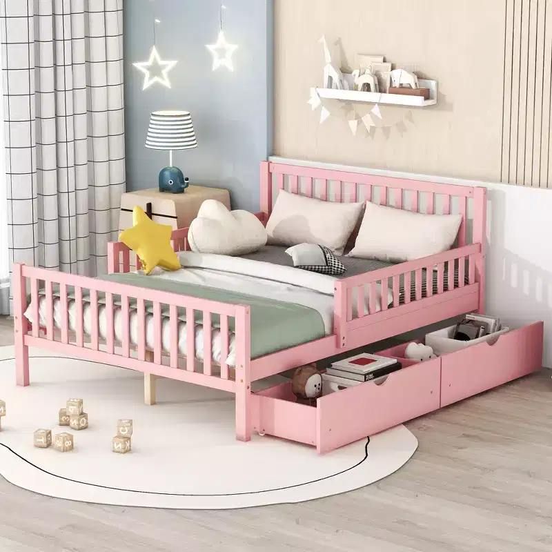 Full Wood Platform Bed with Guardrails and 2 Storage Drawers, Pink