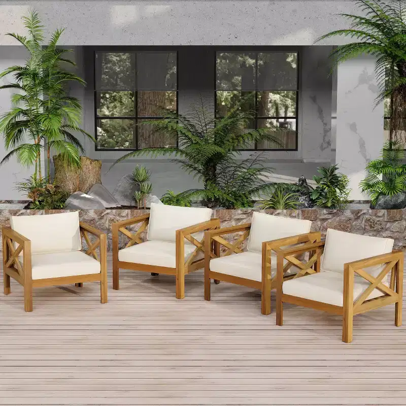 Set of 4 Outdoor Acacia Wood Armchairs with Cushions, Patio Conversation Chairs, Wood Outdoor Seating for Backyard, Deck & Garden-Panipeachy